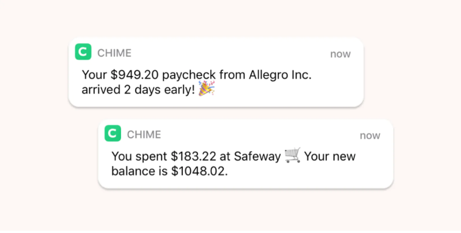 chime notification system powered by Twilio showing balance updates on the recently purchases made