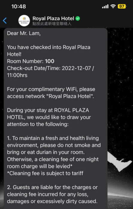 Check-in message from the hotel to the client