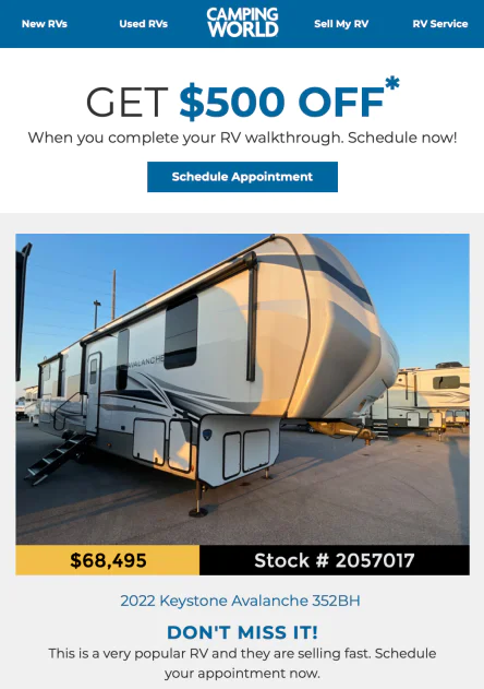 Image promoting $500 off when scheduling an RV walkthrough for a Keystone Avalanche 352BH