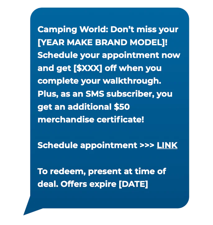 Promotional message for Camping World with discount and merchandise certificate