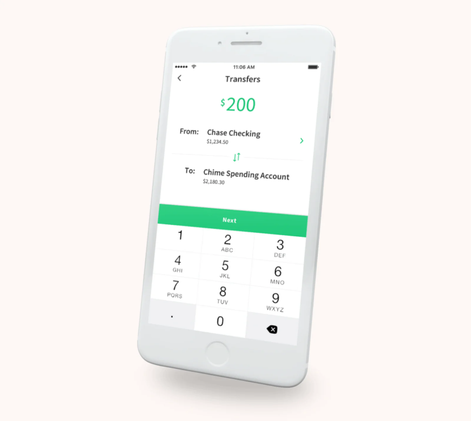 chime mobile app UI showing secure money transfer to another account