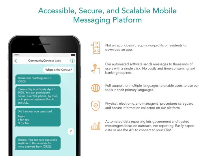 UI showing how CommunityConnect sends SMS messages to millions of users to automate processes, secure processes and send reports through a scalable mobile messaging platform