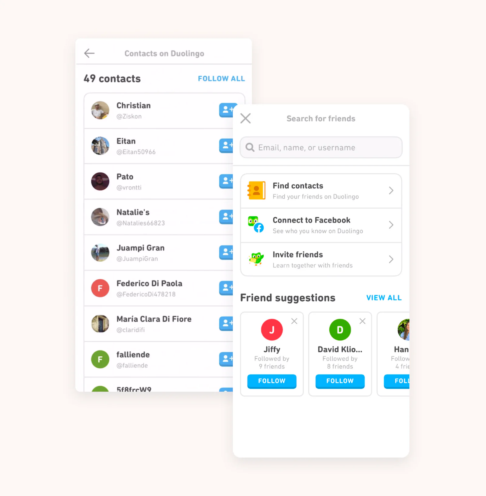 duolingo UI showing social interactions and connections to different communication platforms