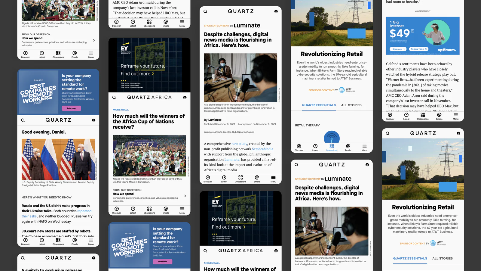 Multiple mobile app screens with articles, images, and advertisements about Africa and retail innovation.