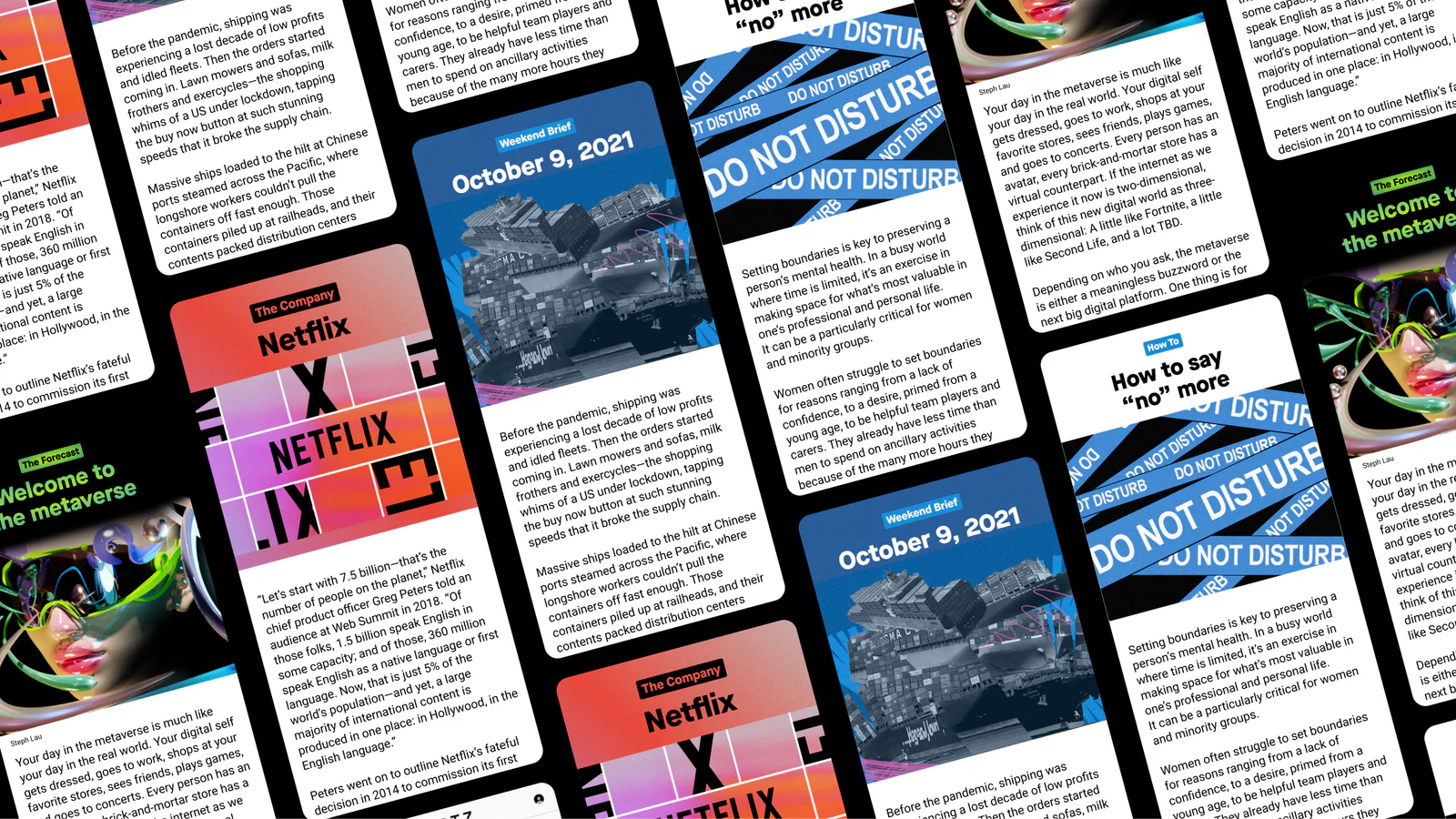 Collage of digital article previews and promotional graphics with text from different sources